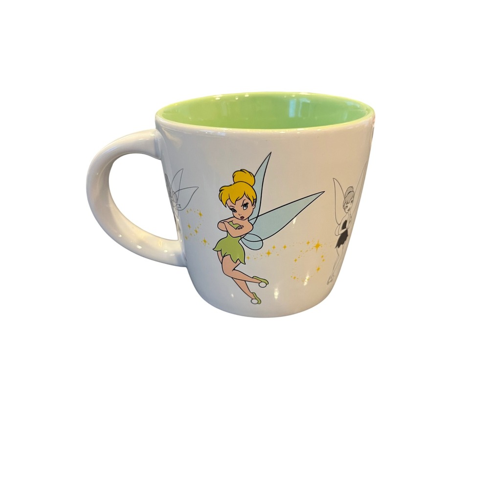 Disney Tinkerbell Mug White Green Interior Sketch Art Graphics Coffee Cup